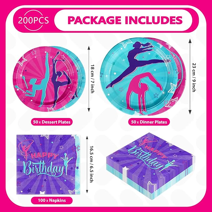 200Pcs Gymnastics Birthday Party Supplies Gymnastics Plates and Napkins Disposable Dance Gymnasts Themed Tableware Set for Little Dance Gymnasts Girls Birthday Party Decorations Serves 50