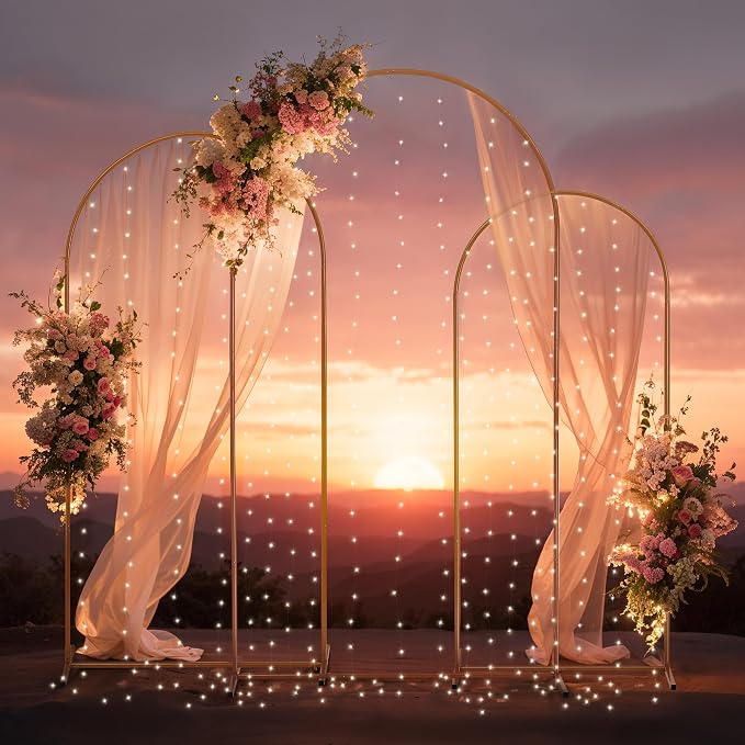 Gold Metal Arch Backdrop Stand for Wedding & Birthday Party Decorations, Foldable Balloon Arch Frame with Easy Assembly, Photo Booth Backdrop Décor with Fairy Lights Options
