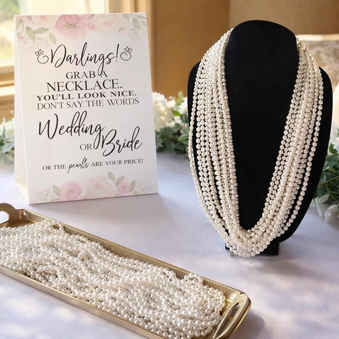 Kenning 51 Pcs Bridal Shower Games Supplies Don't Say Bride or Wedding Game with 50 White Faux Pearl Necklaces Boho Wedding Game Card for Engagement Bachelorette Party Supplies(Flower)
