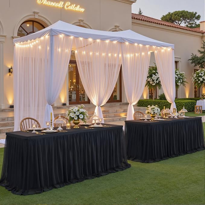 leegleri 2 pk Black Tulle Tablecloths for 6 Foot Rectangle Tables, 2-in-1 Table Covers with Tulle Skirt,Wrinkle Free Stretchy Fitted Rectangular Table Cloth 6ft for Wedding Party Banquet Vendor Decor