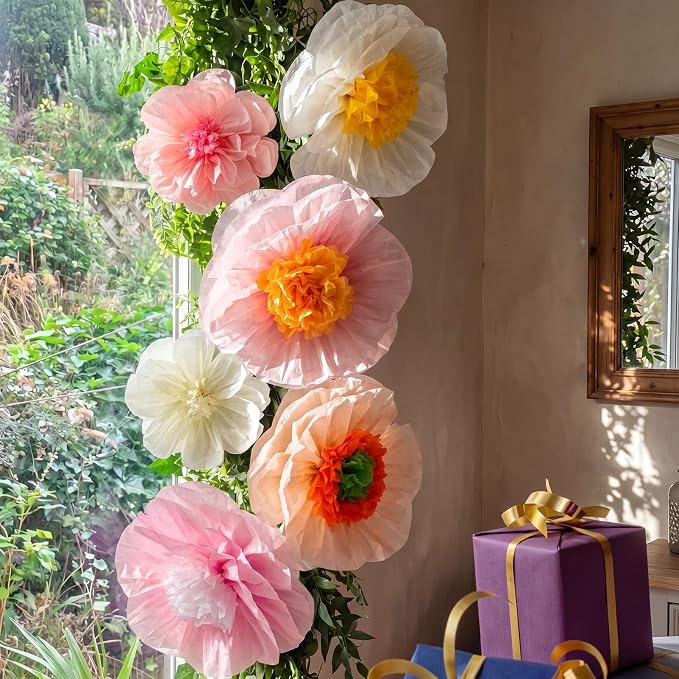 Giegxin 6 Pcs 14'', 9'' Pastel Large Paper Flowers for Wall Decorations Pink Tissue Crepe Flowers Pastel Party Decorations Floral for Classroom Wedding Baby Shower Birthday Tea Party Art Backdrop
