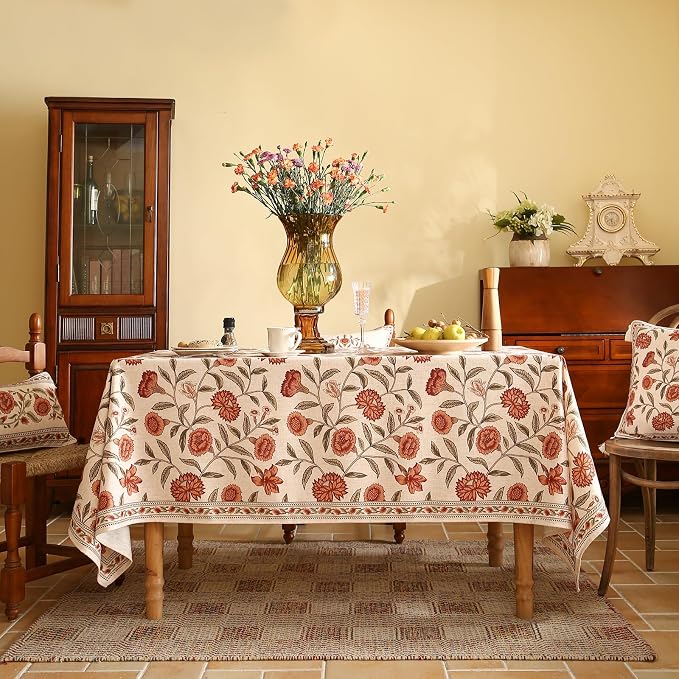 ISAENNE Designer French Linen Square Large Tablecloth,67"x67"-Alvarado D | Vintage Elegant Beautiful Table Cloth,Orange Floral Pattern,Heavyweight,Dining Room,Tea Party,Kitchen,Thanksgiving,Decor