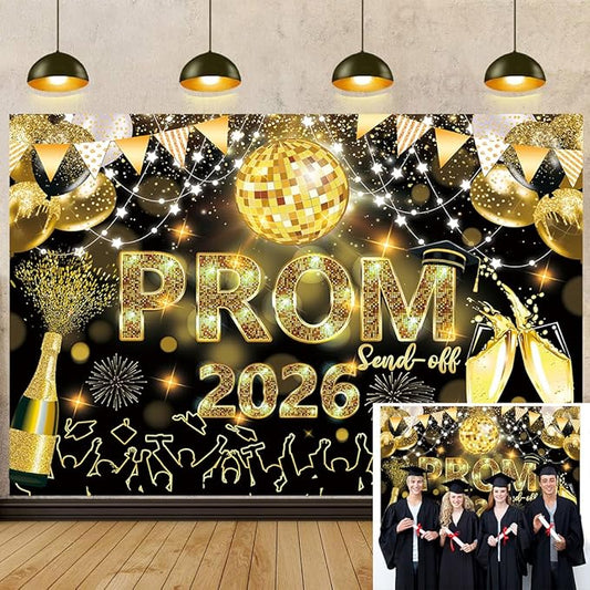2026 Graduation Prom Backdrop Celebration Graduation Black Gold Glitter Disco Ball Prom Send Off Photography Background School Class of 2026 Night Party Decorations Banner (Black Gold, 8x6FT)