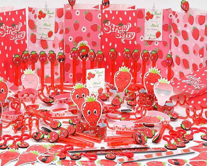 PLOUGVI 208PCS Strawberry Party Favors, Berry First Birthday Decor, Theme Decorations for Party Goodie Bag Stuffer Pinata Filler Gifts