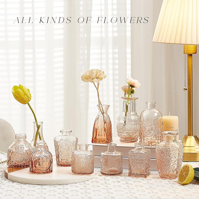 Glass Bud Vase Set of 30, Small Flower Vases, Glass Vases for Centerpieces, Vintage Home Table Decorations Bud Vases (30 Pcs, Amber)