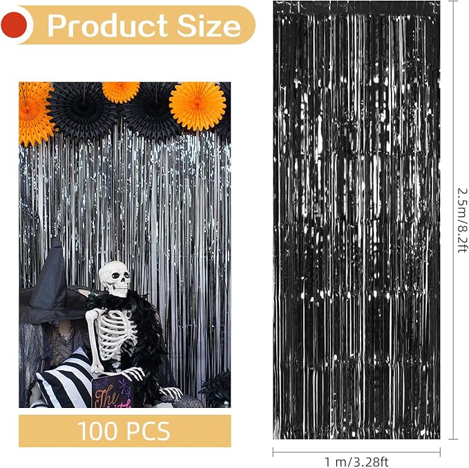 100 Pack Black Foil Fringe Backdrop Curtains 3.2ft x 8.2ft Black Tinsel Foil Fringe Curtains for Birthday Party Decorations Photo Booth Backdrop for Halloween Christmas New Year Holiday Decorations