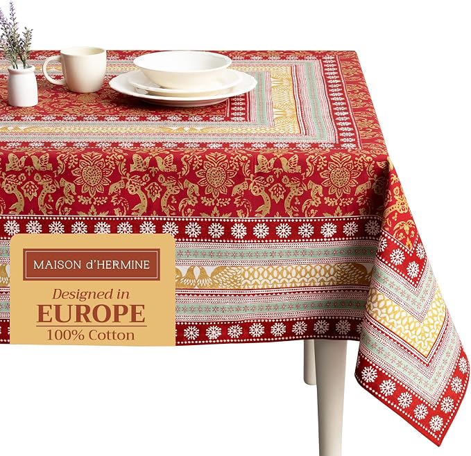 Maison d' Hermine Table Cloth Rectangle Table 100% Cotton 60 x 108 Inches Fall Tablecloth Reusable Everyday Use for Thanksgiving Christmas Decorations Dining Farmhouse Party (Sofia)
