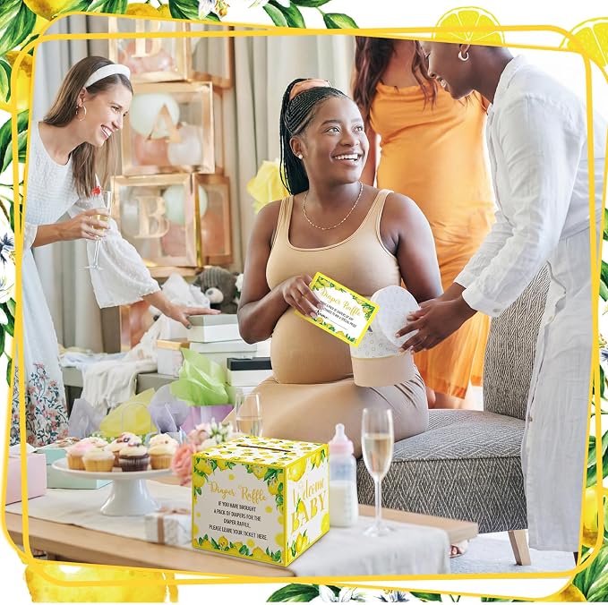 Teling 51 Pieces Diaper Raffle Tickets with Card Baby Shower Decorations Gender Reveal Holder Box for Girl Boy Diaper Raffle Party(A Little Lemon is on the Way)