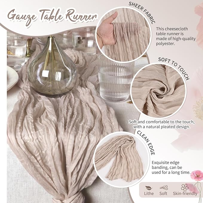 30 Pack Rosy Brown Cheesecloth Table Runner 17 x 108 inch Boho Gauze Table Runner Rustic Sheer Cheese Cloth Table Decorations for Wedding Party Baby Bridal Shower Birthday Holiday Home