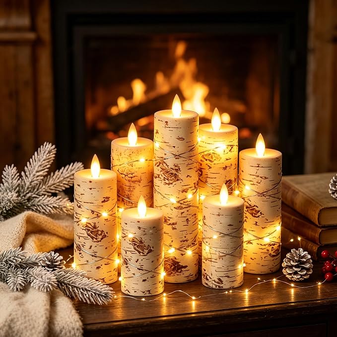 Da by 5 Pack Birch Bark Real Wax Flameless Taper Candles, Lifelike Flickering LED Candles with Copper String Lights, Battery Operated Candles with Remote for Farmhouse Wedding Home Decor