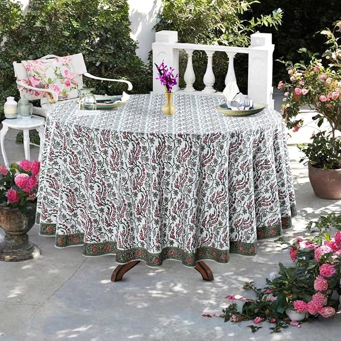 Ridhi Round Tablecloth Hand Block Print 100% Cotton Reusable Coral Pink Trails 120 Inch Table Cover Decorative Everyday Use for Dining, Home, Party, Wedding, Farmhouse Gift for Spring, Mother's Day