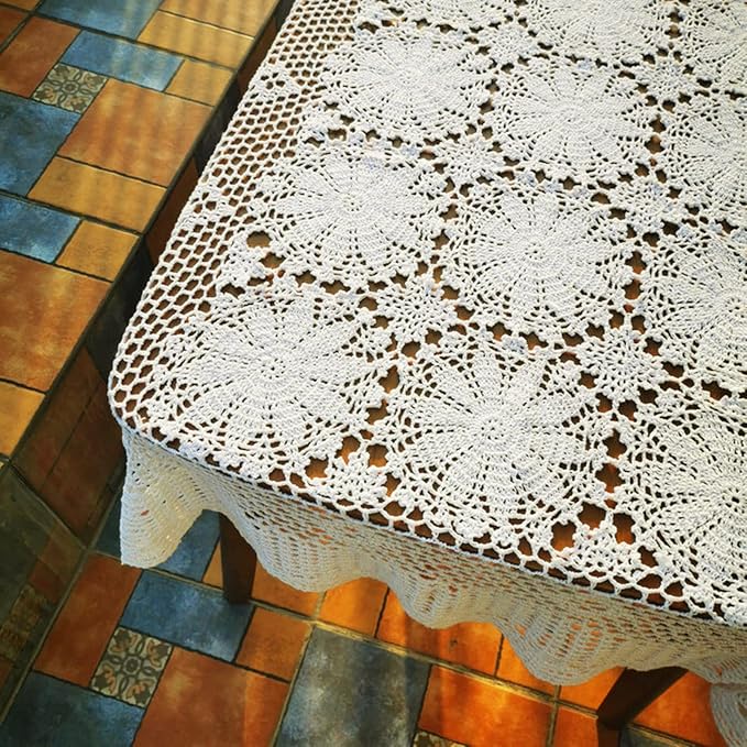 USTIDE Shabby Handmade Crochet Tablecloth Rectangle Romantic Table Cover Beige Lace Design Table Overlays Rectangular 62inchesx82inches