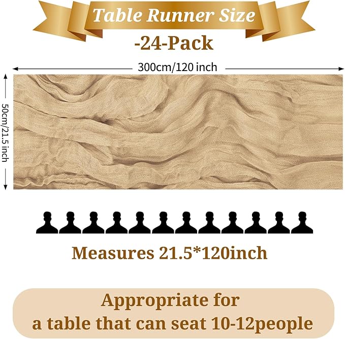 24 Pack Light Brown Cheesecloth Table Runner, 10FT Long Romantic Sheer Cheesecloth Rustic Boho Table Runner for Wedding Birthday Bridal Party Decorations(21.5×120 Inch)
