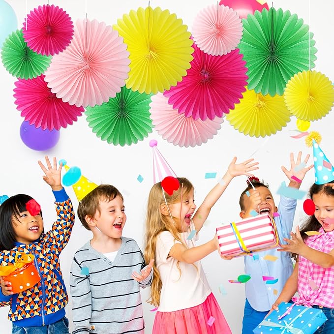 MotiMind 24 Pcs Hawaiian Party Decorations Hanging Paper Fans Flowers for Luau Flamingo Birthday Party Classroom Pink Green Rose Red Yellow Background Ceiling Wall Decor Wedding Baby Bridal Shower