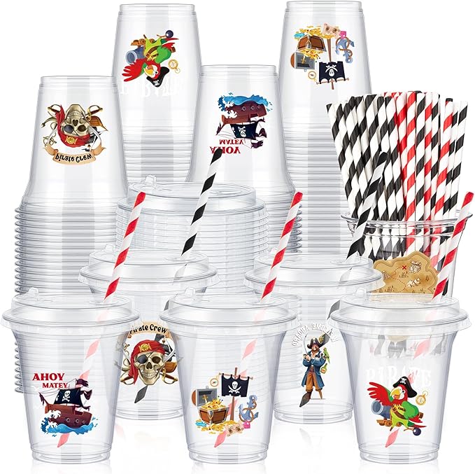 Qinyoung 60 Sets Pirate Plastic Cups Bulk 14 oz Pirate Treasure Theme Party Favor Supplies Ice Coffee Disposable Clear Plastic Cups Bulk with Lids and Paper Straws for Birthday Favors