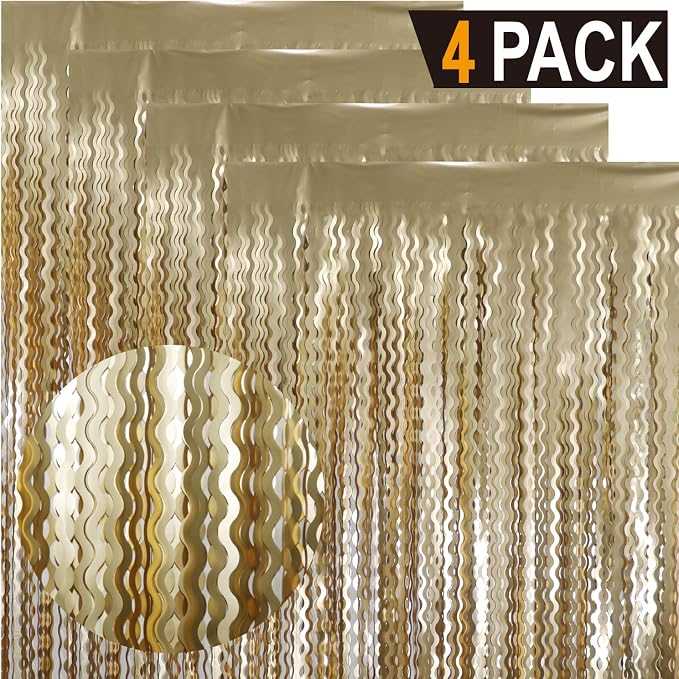 GOER Metallic Tinsel Foil Fringe Curtains Party Photo Backdrop Party Streamers for Birthday,Graduation,New Year Eve Decorations Wedding Decor (Champagne Gold,4 Packs)