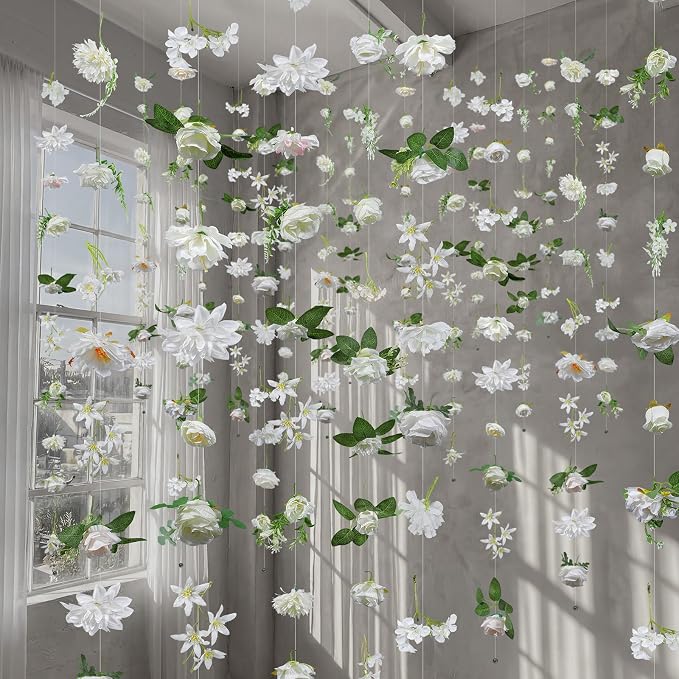Suncalla 12 Pcs 70.8 ft Wildflower Garland Pre Strung Artificial Hanging Flower Vine Backdrop Decor from Ceiling Floating Silk Floral Garland for Garden Wedding Bridal Shower(Boho,White)