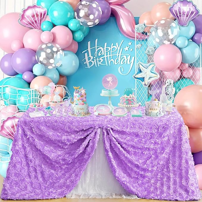 B-COOL 3D Floral Tablecloths 90x132 Inch Wedding Rosette Lavender Tablecloth Rose Table Linen for Sweetheart Baby Shower Bachelorette Prom Table Decoration