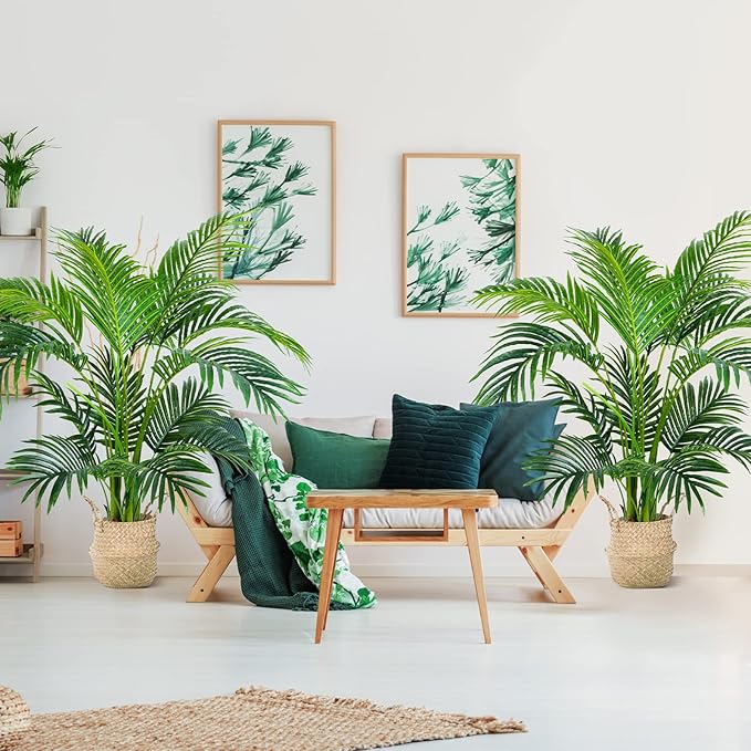 Worth Garden 4ft Artificial Areca Palm Plant 2 Packs in Pot, Fake Cane Palm Silk Tree Indoor Outdoor, Dypsis Lutescens, 47in Lifelike Faux Silk Plant Home Decor, Two Linen Bags Included