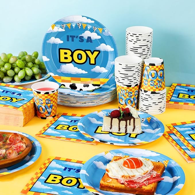 Hushee 200 Pcs Cartoon Story Baby Shower Paper Plates Napkins Cups Baby Shower Party Supplies Tableware Set Disposable Cup Napkin for 50 Guest Party Decoration