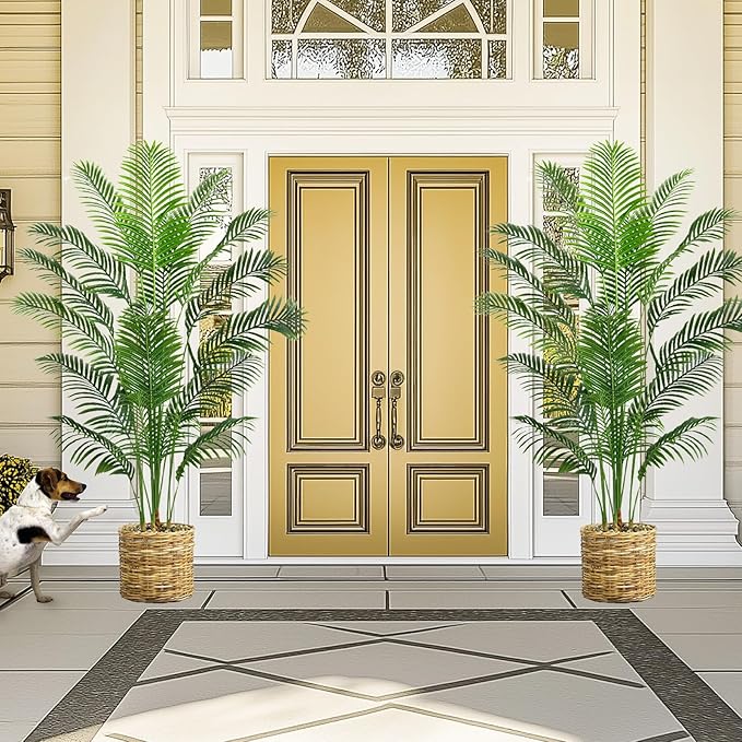 Artificial Palm Tree 7FT Faux Plants Indoor Tropical Fake Palm Tree Areca Floor Plant in White Pot with 18 Trunks & Real Bark Design, Faux Palm Plant for Outdoor Patio Home Room Office Decor