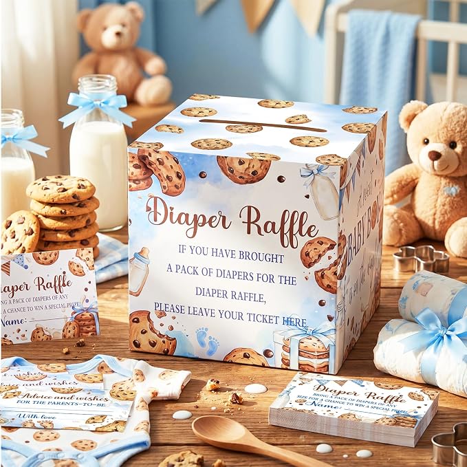 Teling 51 Pieces Diaper Raffle Tickets Box with Card Baby Shower Decorations Gender Reveal Holder Box for Girl Boy Diaper Raffle Party (A Little Cookie is on the Way)