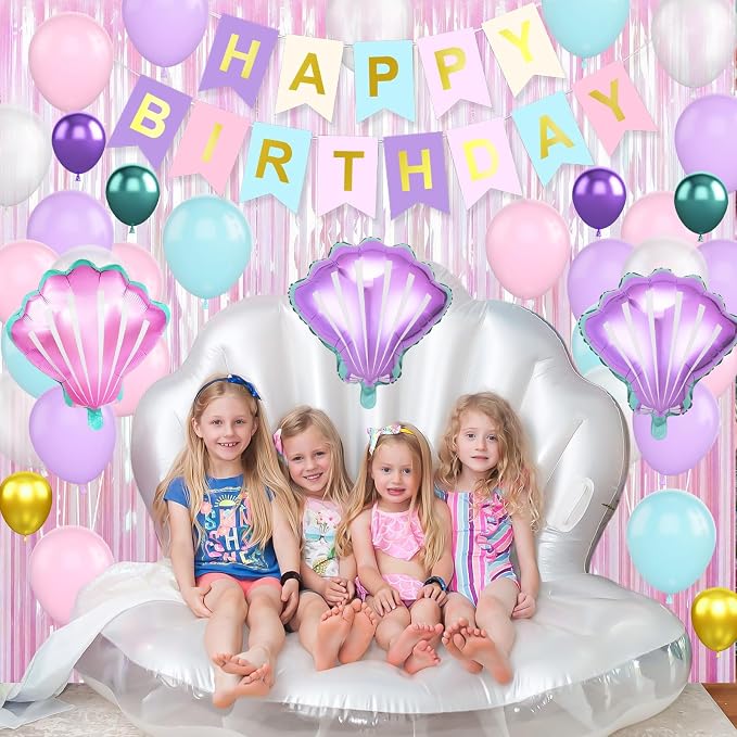 Mermaid Birthday Decorations for Girls, Pink Purple Blue Balloons with 'HAPPY BIRTHDAY' Banner Cake Topper Shells Foil Balloon Pink Fringe Curtain for Girls Women Mermaid Party Decorations