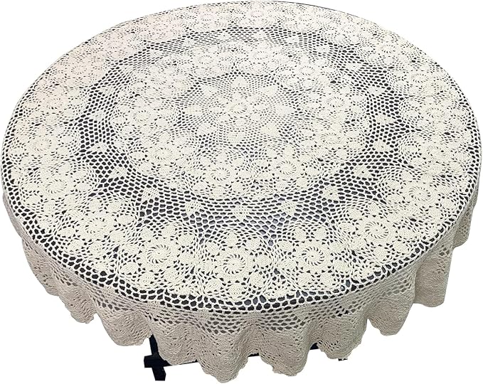 USTIDE Large Crochet Round Tablecloth Beige 90" Cotton Rustic Farmhouse Wedding Table Cloth Table Cover with Floral Lace Design, Handmade Decorative Overlay for Dining Room Kitchen