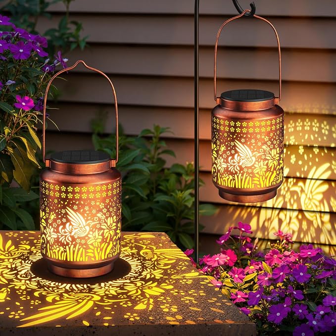 KOOPER Solar Lanterns Outdoor Waterproof Birthday Gifts for Women Mon Grandma, 2 Pack Brighter Hummingbird Hanging Solar Lantern Lights Outdoor, 2 Modes Metal Outdoor Decoration for Yard, Patio