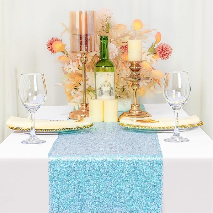 ShinyBeauty Sequin Table Runner 12x108 Inches - Iridescent Aqua Mermaid Party Decor for Baby Showers, Birthdays & Weddings, Glitter Home Decor, Rectangle Tablecloth