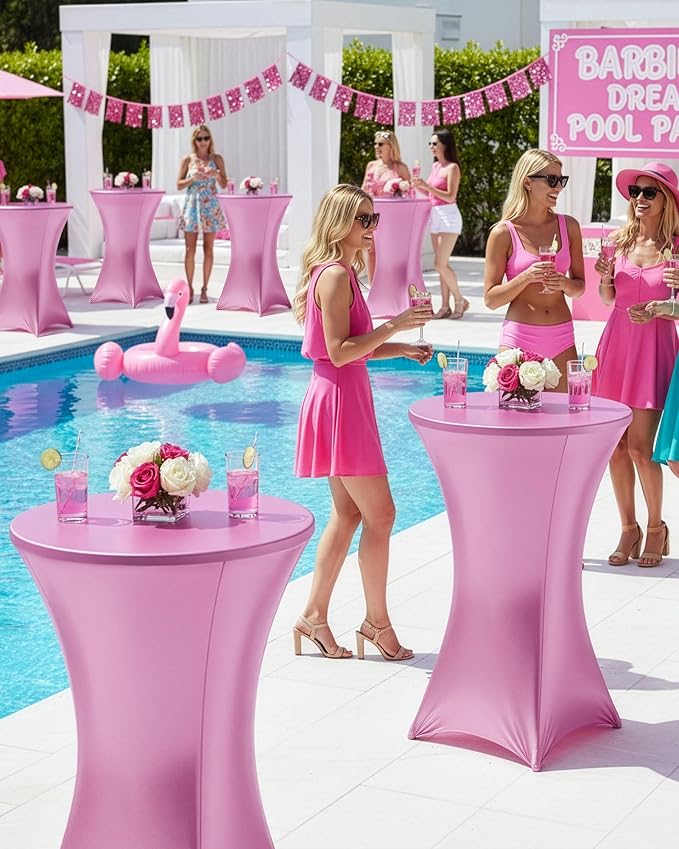 Cocktail High Top Table Covers - 32x43 Inch Fitted Spandex Round Cocktail Tablecloth for Bar Height Standing Table Cloths Reusable, for Party Wedding Banquet Event Decorations, Shiny Pink, 8 Pack