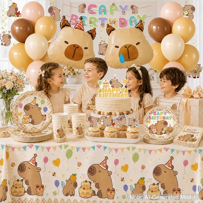 222pcs Capybara Birthday Decorations-Serves 25, All-in-one Capybara Party Decorations with 350gsm Plate, Tablecloth, Backdrop, Centerpiece, Capybara Balloons, Banner, Cake Topper