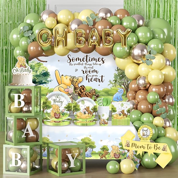 280pcs Classic Bear Baby Shower Decorations Complete Party Set, for 25 Guests, Vintage Bear Baby Shower Decorations, includes Balloon Arch, Backdrop, Tableware Set, for Pooh Bear Party