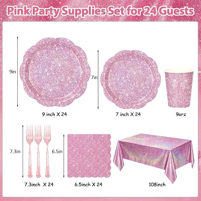 Light Pink Iridescent Plates and Napkins Set, Disposable Holographic Plates Cups Napkins Forks Tablecloth Party Supplies for Birthday Baby Shower Bridal Shower Party Decorations, Serves 24 Guests
