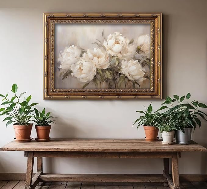 Vintage Gold Framed Vintage Flower Wall Art Retro White Floral Wall Decor Retro Peony Artwork Picture for Home Living Bedroom Farmhouse Hallway