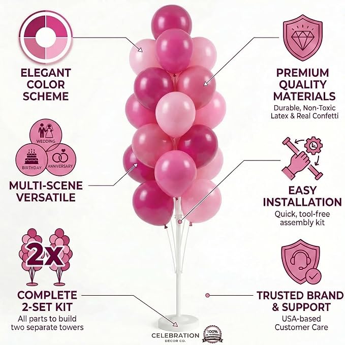 Balloon Column Kit Set of 2,5FT Balloon Tower Stand with Water Fillable Base&Pole,Pink Pillar Backdrop Decoration for Birthday,Baby Shower,Wedding,Bachelorette Party