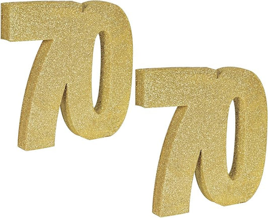 Beistle 2 Piece 3-D Foam Gold Glittered 70th Centerpieces, 8” x 8” x 1” Tabletop Décor for Birthday Milestone Celebrations