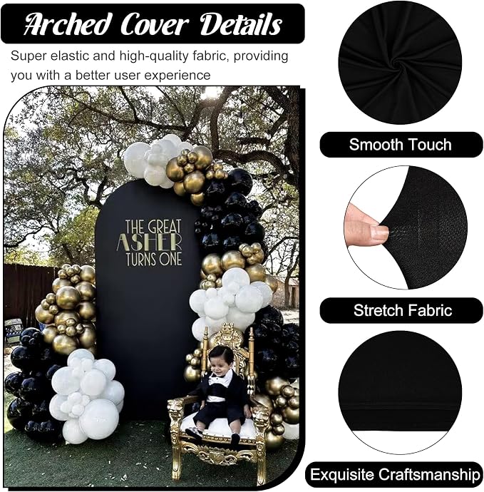 Metal Arch Stand and Cover Set,1 Black Spandex Fitted Backdrop with 1 Gold Wedding Arched Stand Frame for Parties Birthday Baby Shower Bridal Banquet Decoration (6.6FT)