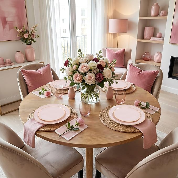WDF 150Pcs Pink Plates Disposable - Pink and Gold Plastic Plates 25guest Disposable Dinnerware Include 25 Dinner Plate, 25 Dessert Plate, 25 Cutlery & 25 9oz Cups for Baby Shower/Wedding/Birthday