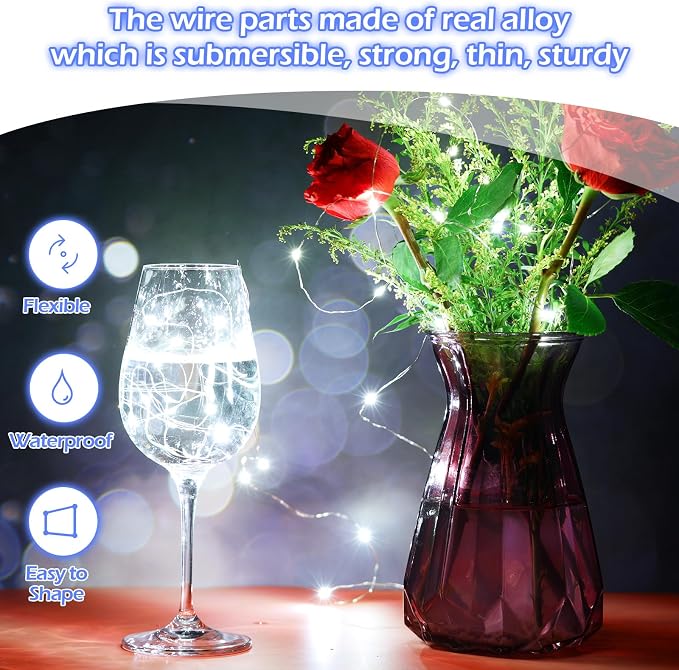 Hortsun 20 Packs Fairy Lights Battery Operated 3 Speed Modes, 7 Ft/ 2 M 20 LED Battery String Mini Waterproof Wire Twinkle Lights Bulk for Wedding Party Birthday Vases Decor (Cool White)