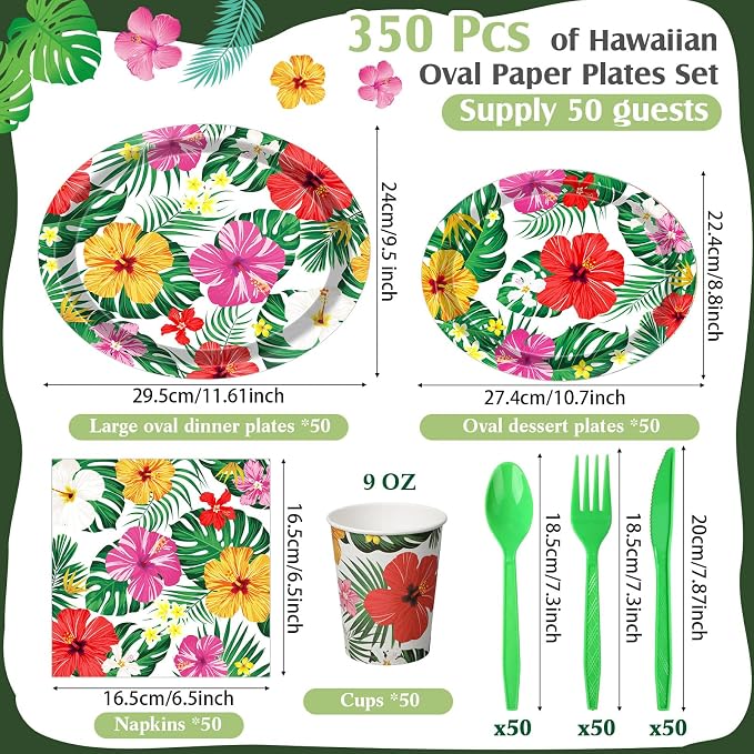 Pajean 350 Pcs Luau Tropical Party Supplies 12 in Disposable Hawaiian Luau Oval Plates and Napkins Palm Leaf Heavy Duty Paper Tableware Set for 50 Guests Summer BBQ Pool and Beach Party Decorations