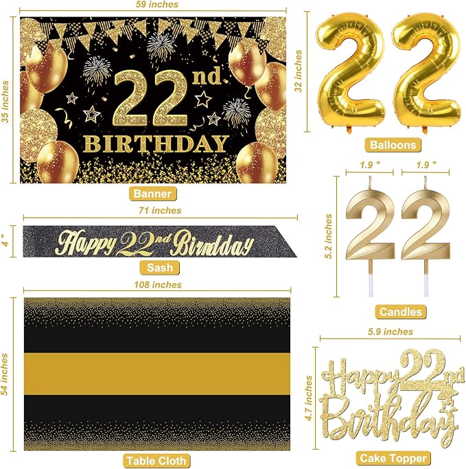 22nd Birthday Decorations Men Women with 22nd Birthday Banner, Black and Gold Table Cloth, Number Balloons, Large Sash, Cake Topper and Candles