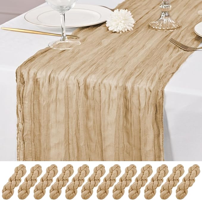 12 Pack Beige Table Runner 10Ft Cheesecloth Table Runner Rustic Gauze Table Runners Romantic Long Sheer Fabric Cheese Cloth Table Runners for Wedding Party Bridal Baby Shower