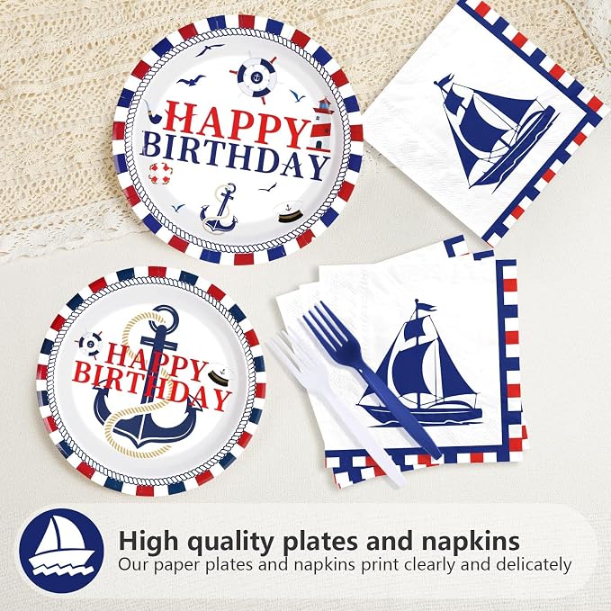 96 Pcs Nautical Birthday Party Decorations Sailing Party Decoration Plates and Napkins Red White and Blue Tableware Set for Boy Happy Birthday Baby Shower Nautical Theme Celebrations Serves 24