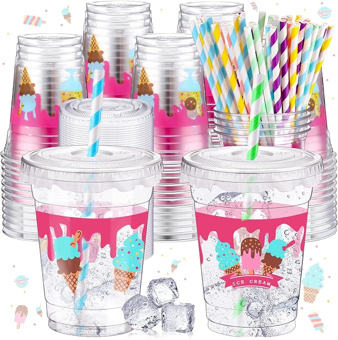 FoldTier 50 Pcs Ice Cream Birthday Party Plastic Cup 12 oz Cold Drinks Cups Boy or Girl Thick Clear Cup Birthday Party Supplies Disposable Cups with Lids for Iced Coffee, Smoothie, Milkshake