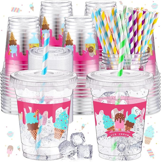 FoldTier 50 Pcs Ice Cream Birthday Party Plastic Cup 12 oz Cold Drinks Cups Boy or Girl Thick Clear Cup Birthday Party Supplies Disposable Cups with Lids for Iced Coffee, Smoothie, Milkshake