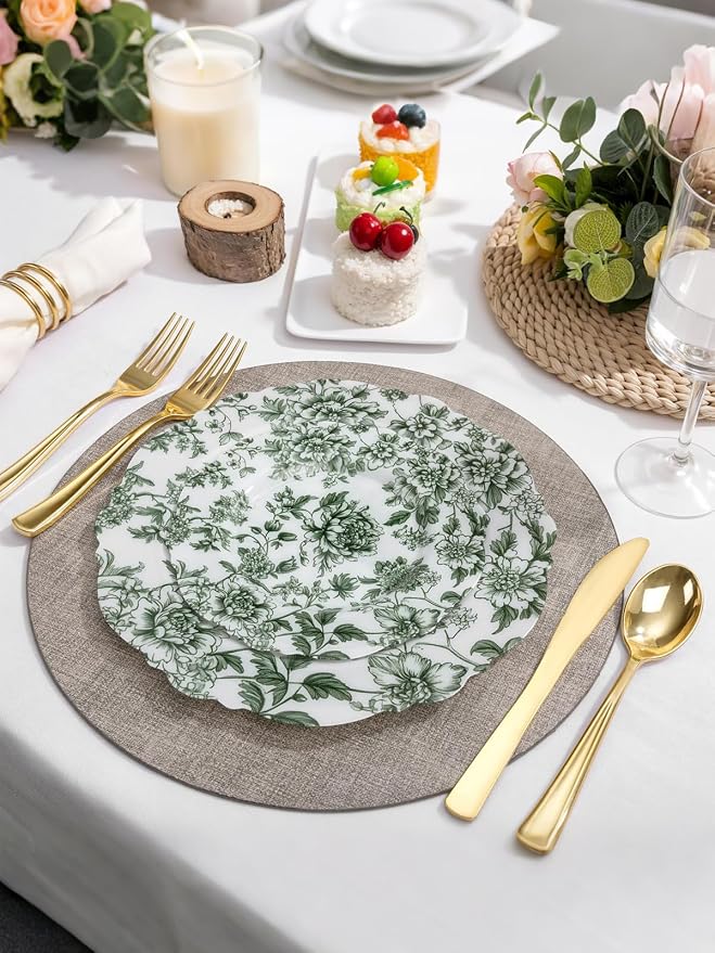 WDF 20PCS Green Plastic Plates Floral - Baroque White and Green Plates - Floral Party Decorations for Birthdays/Tea Party