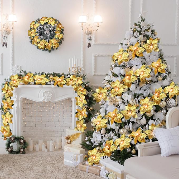 Zubebe 2 Pcs Prelit Poinsettia Christmas Garland with String Lights Glitter Holly Leaves Berries Remote Timer 8 Modes 6.5 ft Lighted Flower Garland Battery Operated Indoor Outdoor Decor(Gold)