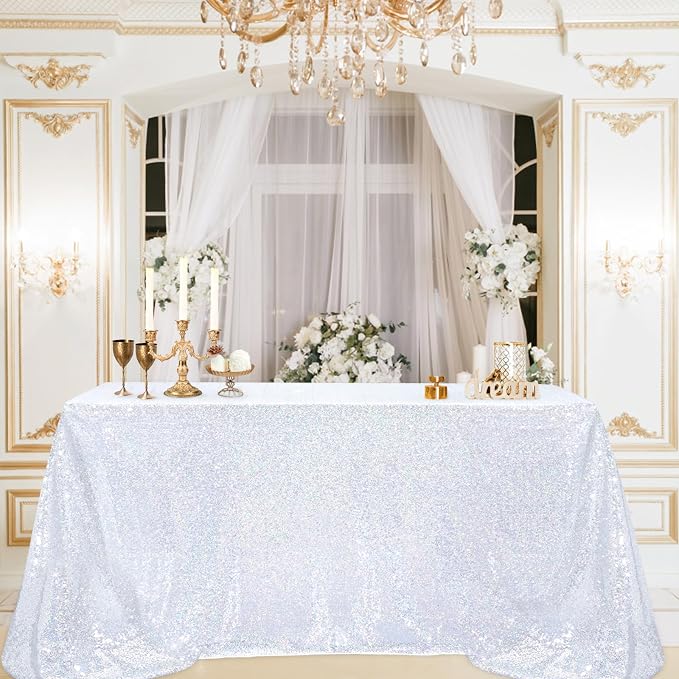 B-COOL Rectangle Sequin Tablecloth Laser Silver Table Cloth Glitter Fabric 90x132 Inch for Wedding Party Dining Banquet Tablecloths Decoration