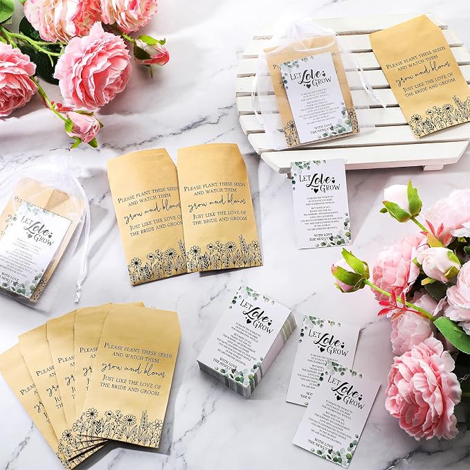 Ctosree 100 Set Wedding Favors for Guests Bulk Include 100 Pcs Self Adhesive Seed Packets Kraft Paper Seed Envelopes Let Love Grow Cards and Organza Gift Bags for Bridal Shower(Classic)